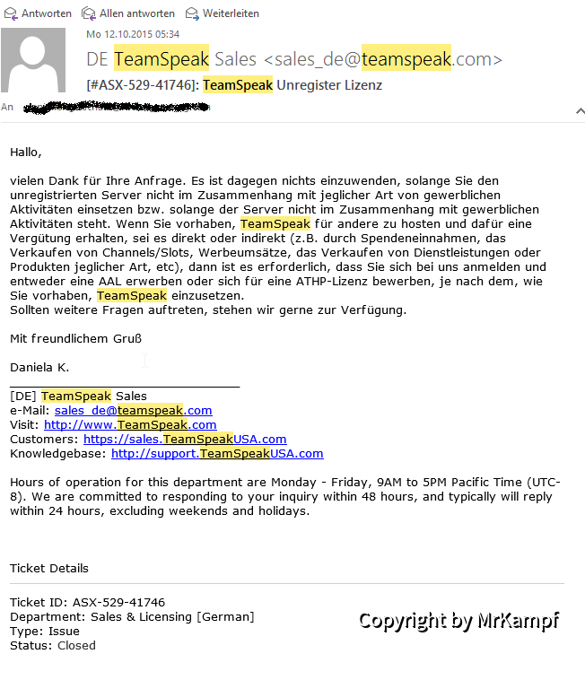 TeamSpeak Unregister lizenz Info